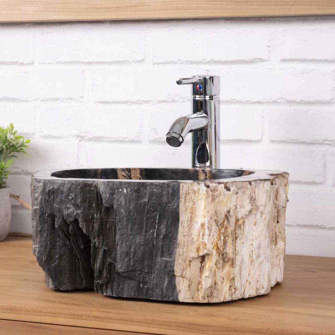 Wanda Collection - Lavabo de salle de bain en bois pétrifié fossilisé marron beige noir 40 cm - Vasque