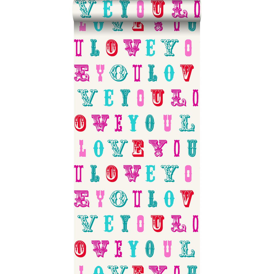 ESTAhome - ESTAhome papier peint love you - citations turquoise et rose - 136832 - 53 cm x 10,05 m - Papier peint