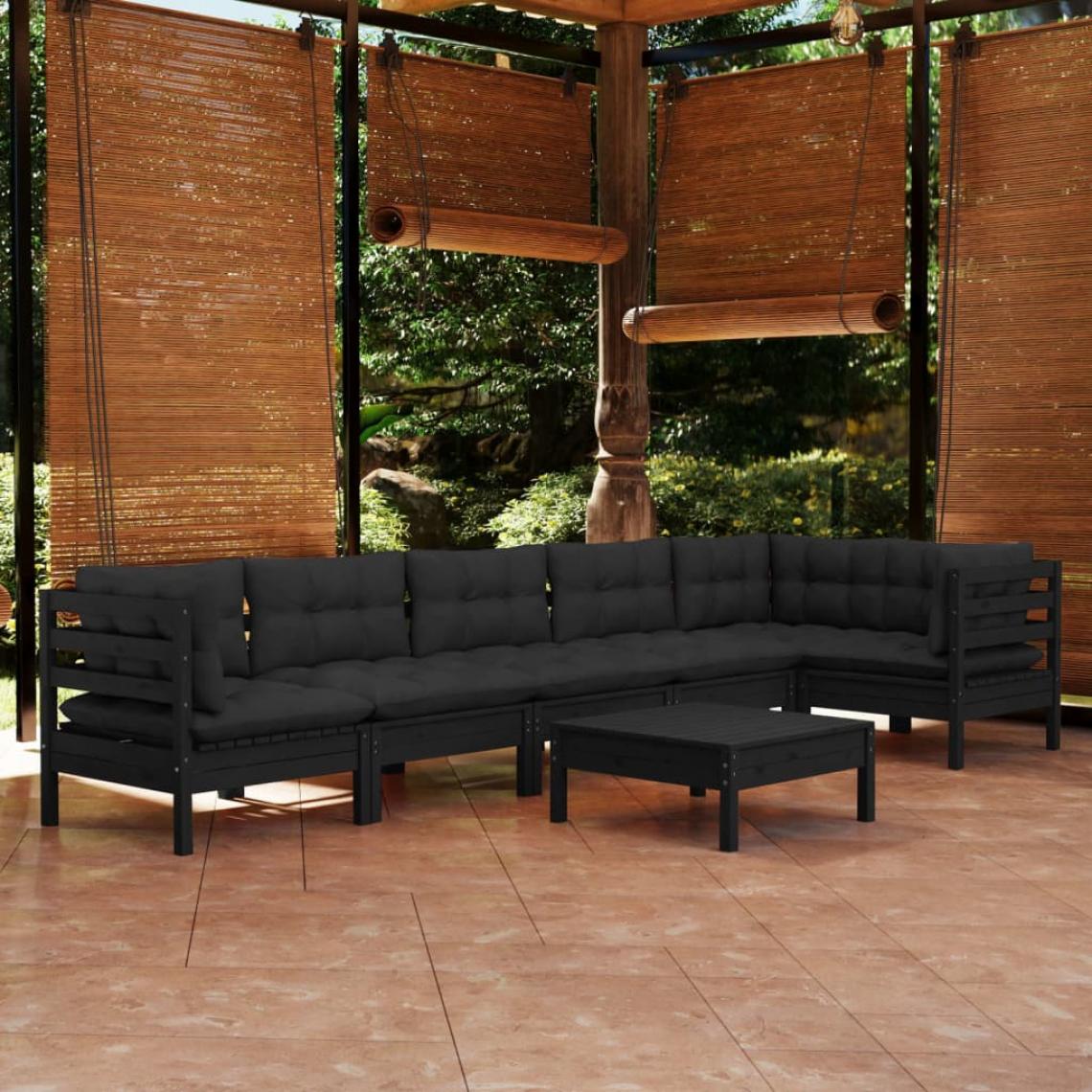 Vidaxl - vidaXL Salon de jardin 7 pcs avec coussins Noir Bois de pin - Ensembles canapés et fauteuils