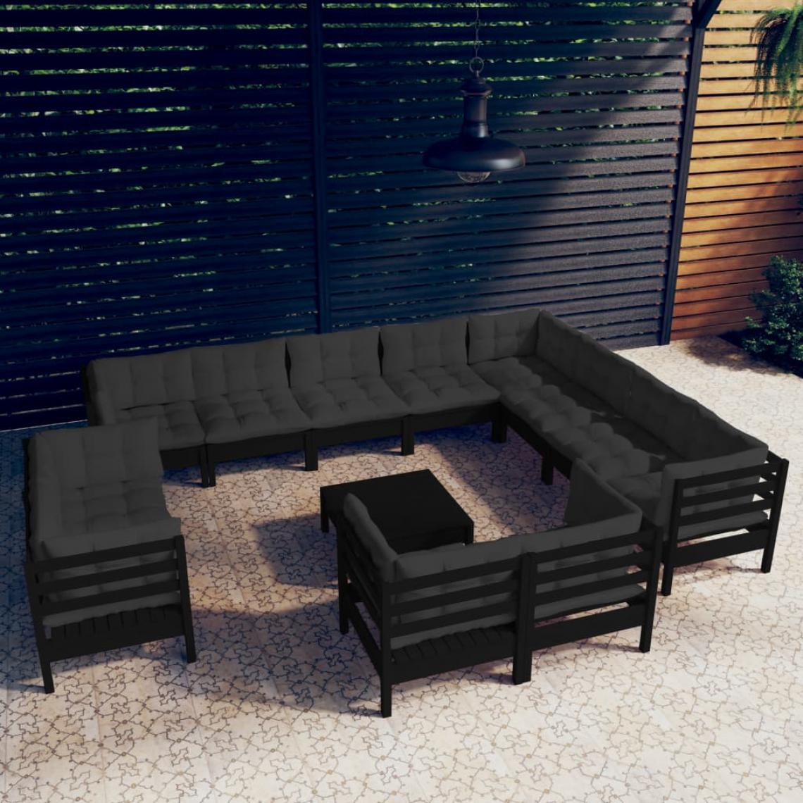 Vidaxl - vidaXL Salon de jardin 13 pcs avec coussins Noir Bois de pin solide - Ensembles canapés et fauteuils