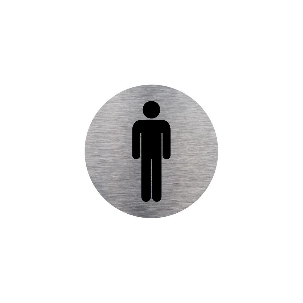 Signaletique Biz - Plaque de porte WC Homme Toilettes en Aluminium Brossé Inoxydable - Diamètre 83 mm - Double face autocollant adhésif au dos - Extincteur & signalétique