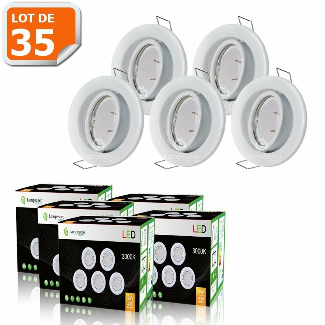 Lampesecoenergie - LOT DE 35 SPOT LED ORIENTABLE BLANC AVEC AMPOULE GU10 230V eq. 50W, BLANC CHAUD - Boîtes d'encastrement