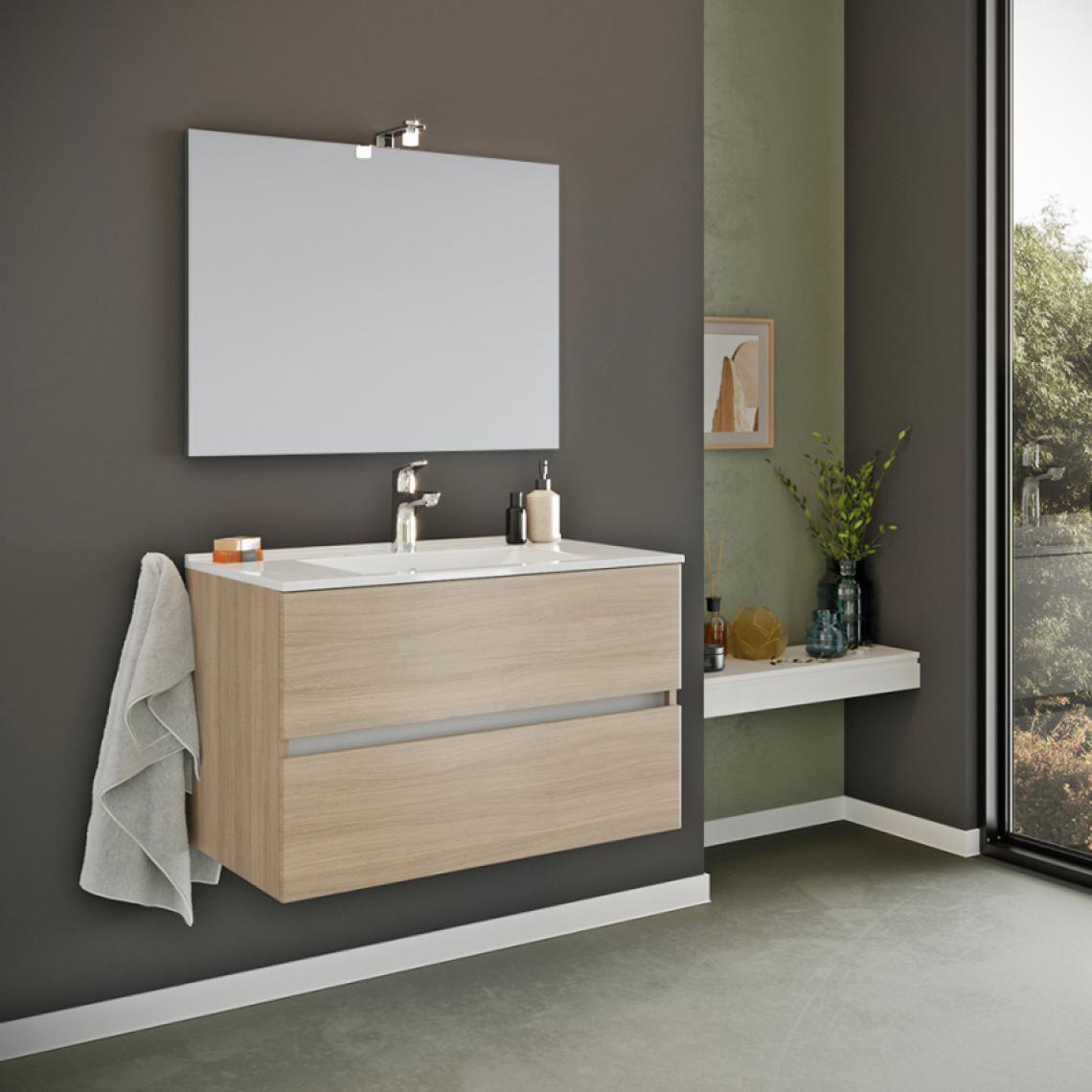 Arati Bath And Shower - Meuble de salle de bain base suspendue 2 tiroirs miroir lampe LED évier en céramique Kallsjon Oak - Lavabo