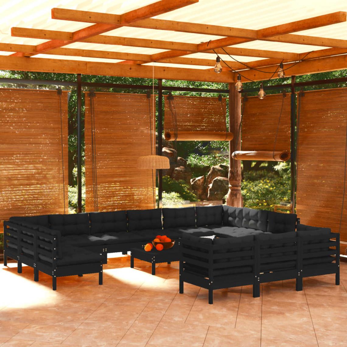 Vidaxl - vidaXL Salon de jardin 14 pcs avec coussins Noir Bois de pin - Ensembles canapés et fauteuils