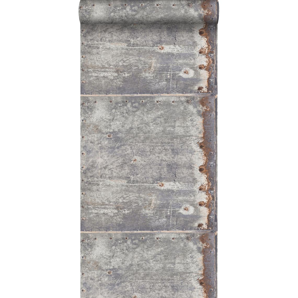 ESTAhome - ESTAhome papier peint plaques métalliques gris clair et brun rouille - 138218 - 53 cm x 10,05 m - Papier peint