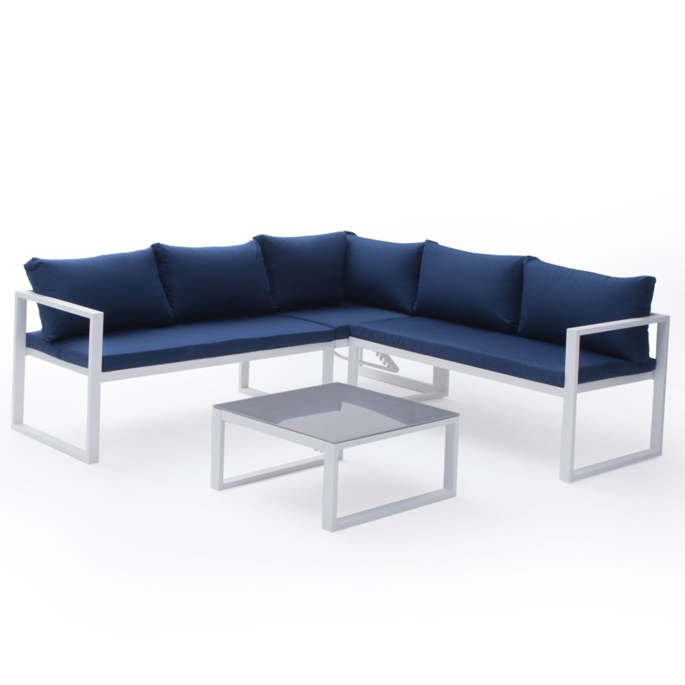 Happy Garden - Salon de jardin modulable IBIZA en tissu bleu 4 places - aluminium blanc - Ensembles tables et chaises