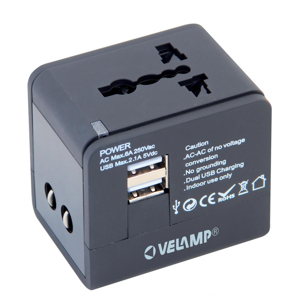 Velamp - Adaptateur de voyage monobloc avec 2 prises USB max. 2.1A - Adaptateurs