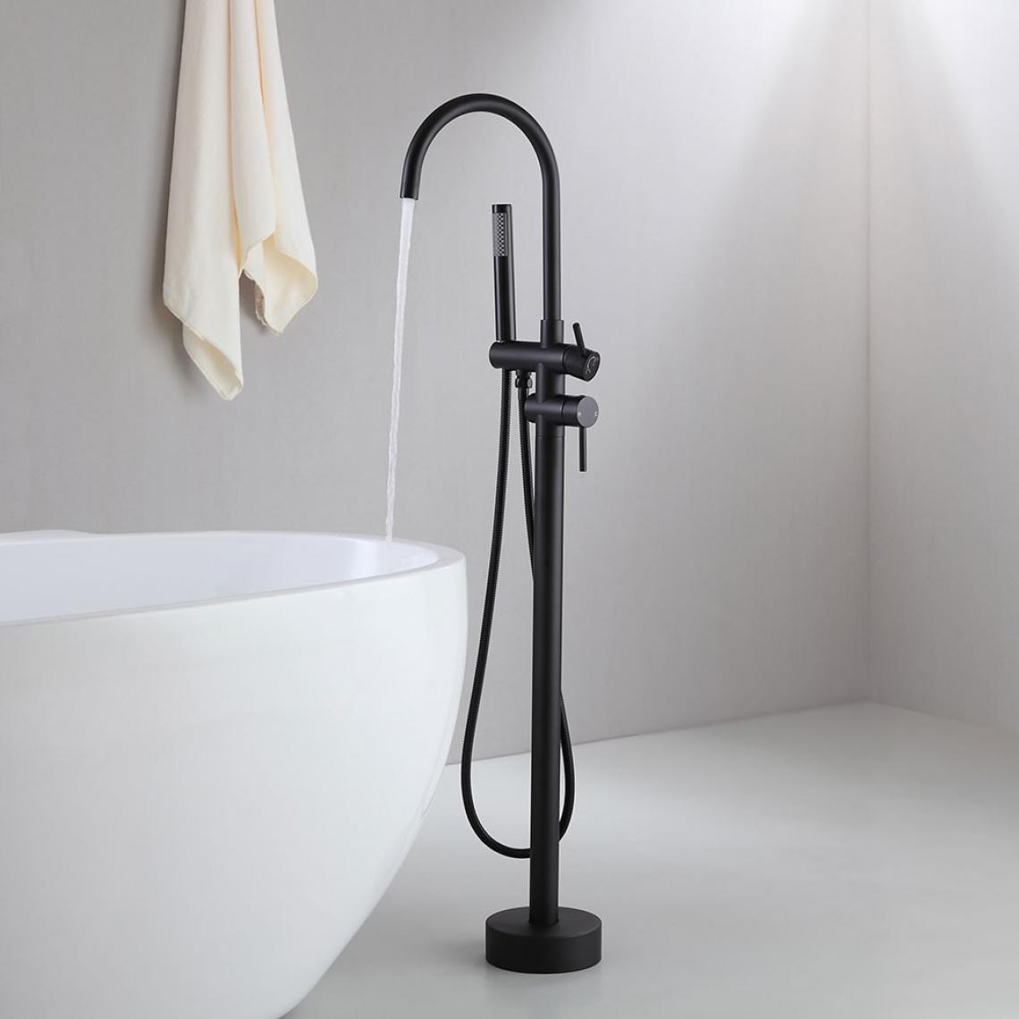 Kroos - Robinet de baignoire sur pied à col de cygne et douchette en noir solide - Mitigeur douche