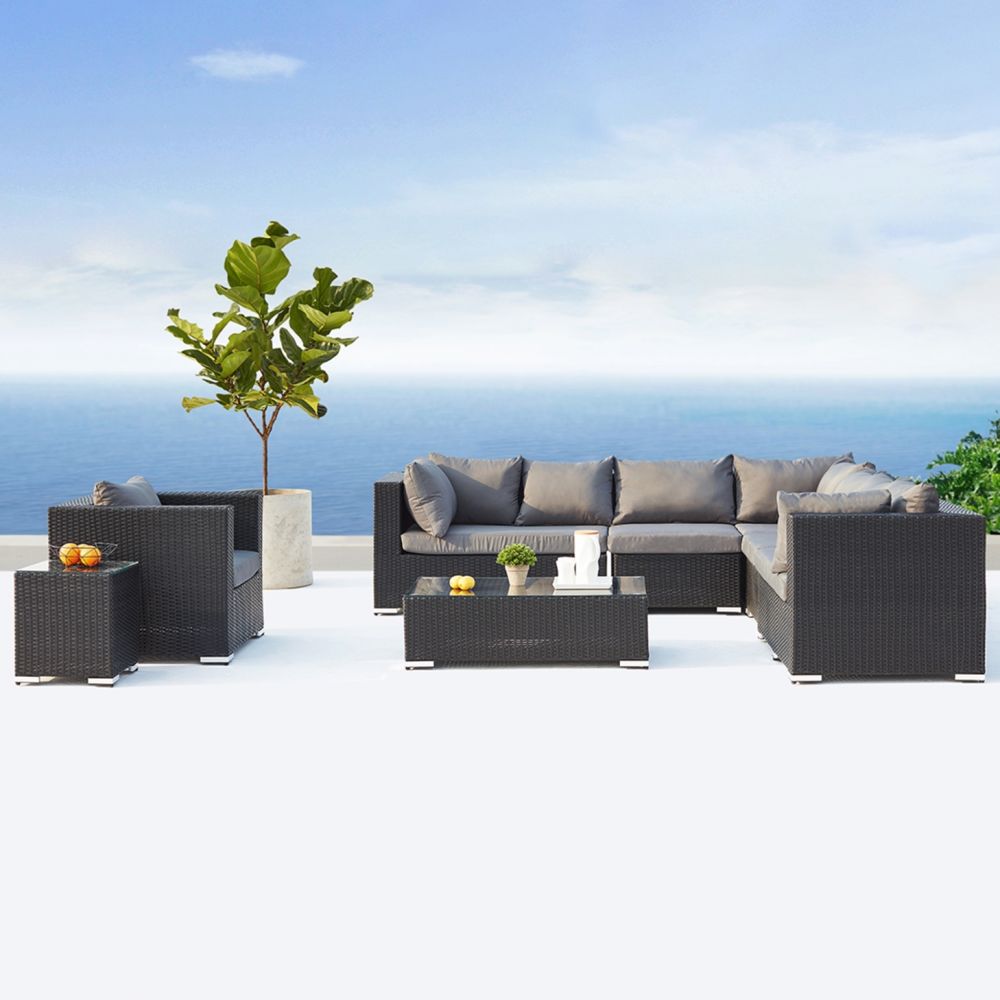 Concept Usine - Salento noir/gris : salon de jardin panoramique 8 places en résine tressée - Ensembles canapés et fauteuils