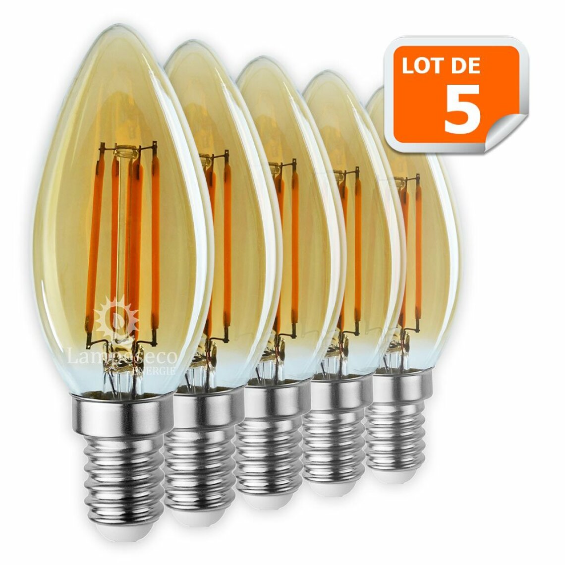 Lampesecoenergie - Lot de 5 Ampoules Led Flamme Filament Doré 4 watt (éq. 42 Watt) Culot E14 - Ampoules LED