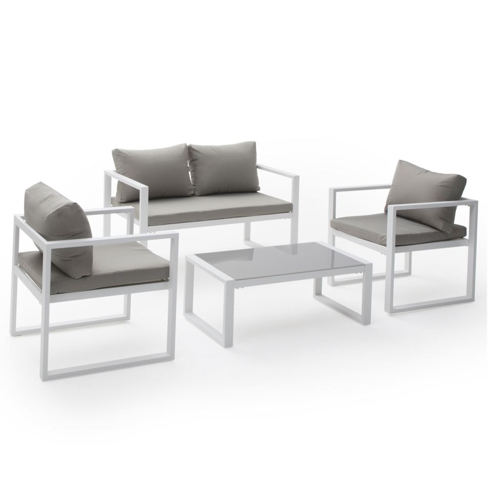 Happy Garden - Salon de jardin IBIZA en tissu gris 4 places - aluminium blanc - Ensembles tables et chaises