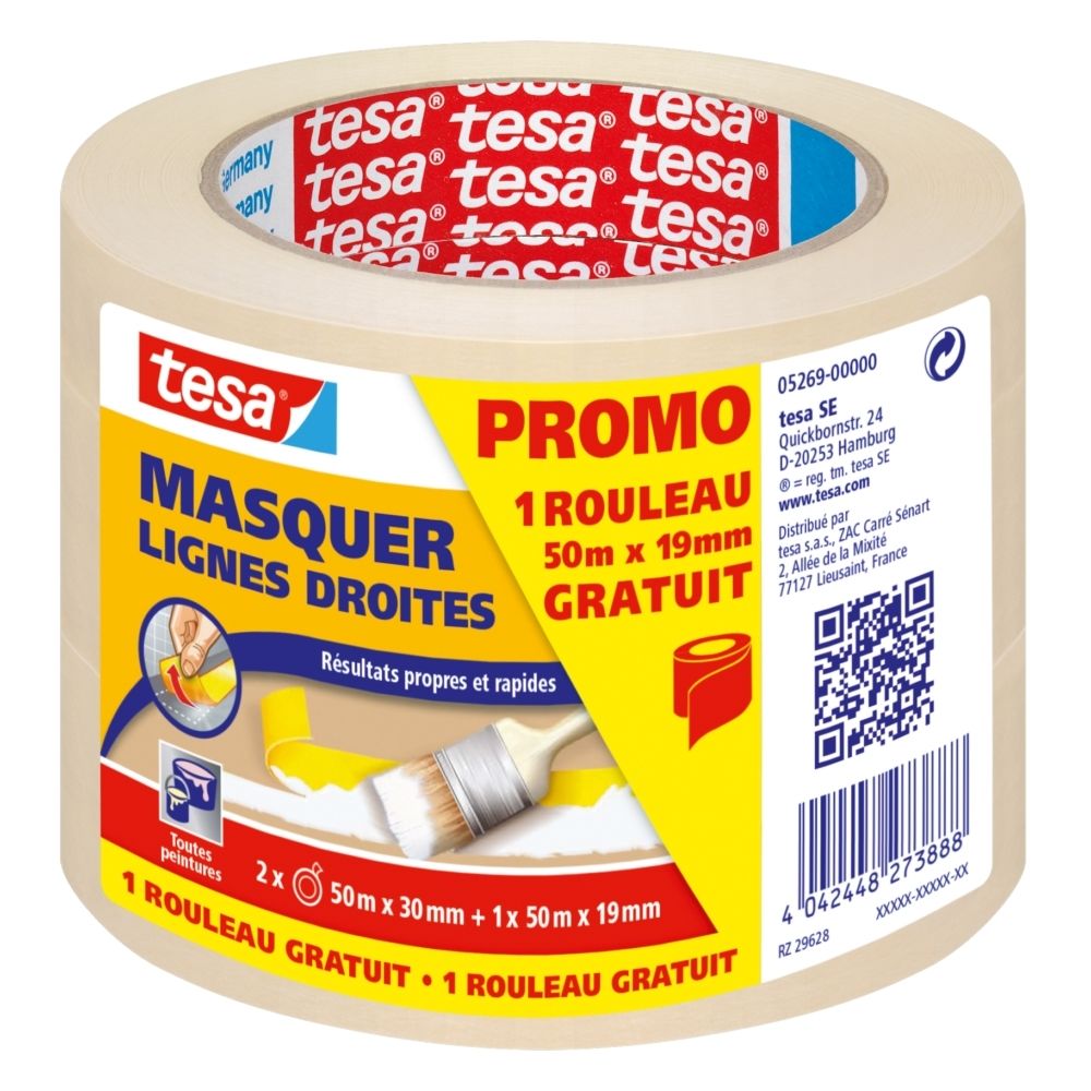 Tesa - Lot de 2 Rouleaux de Masquage TESA Masquer Crème + 1 offert - Outils et accessoires du peintre
