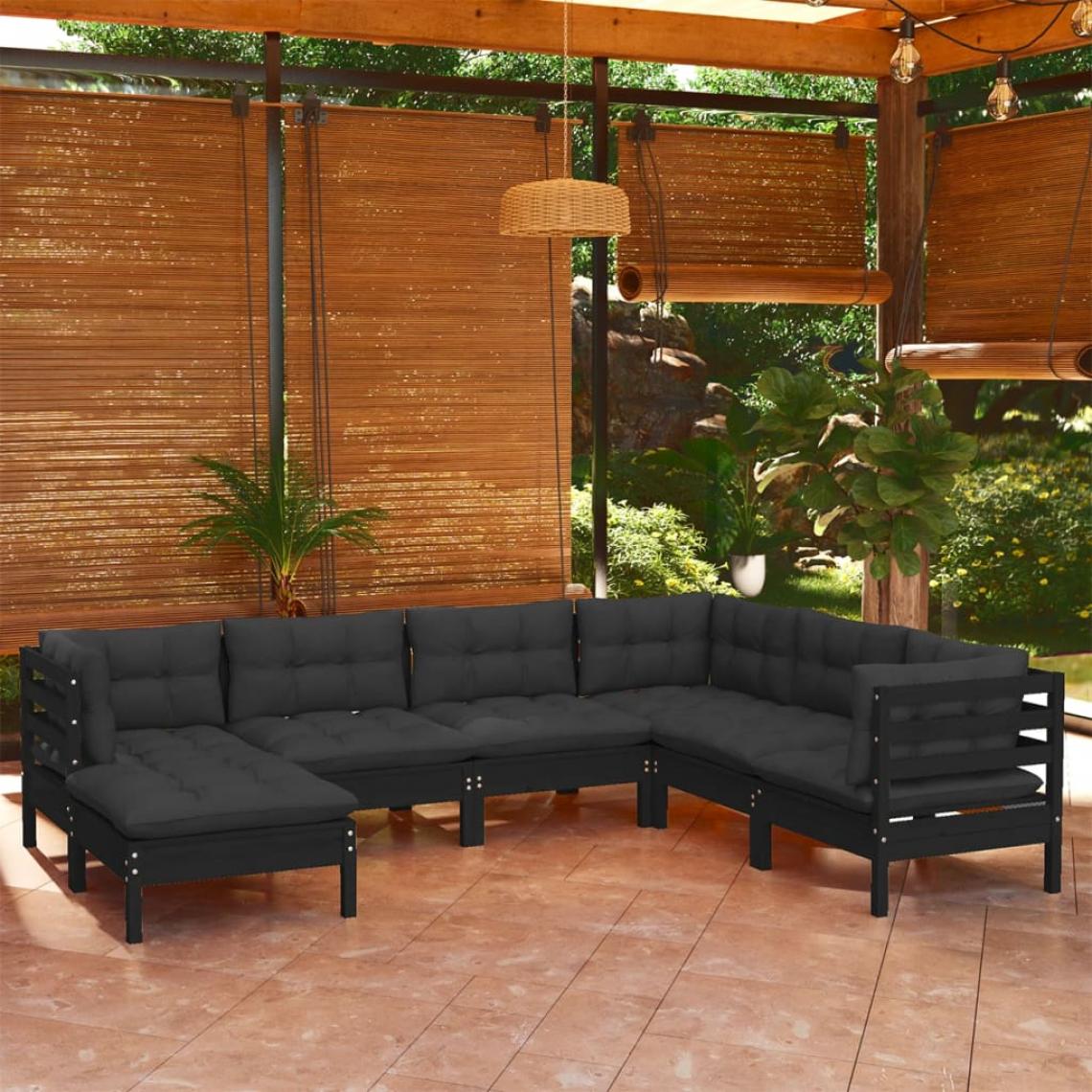 Vidaxl - vidaXL Salon de jardin 7 pcs avec coussins Noir Bois de pin solide - Ensembles canapés et fauteuils