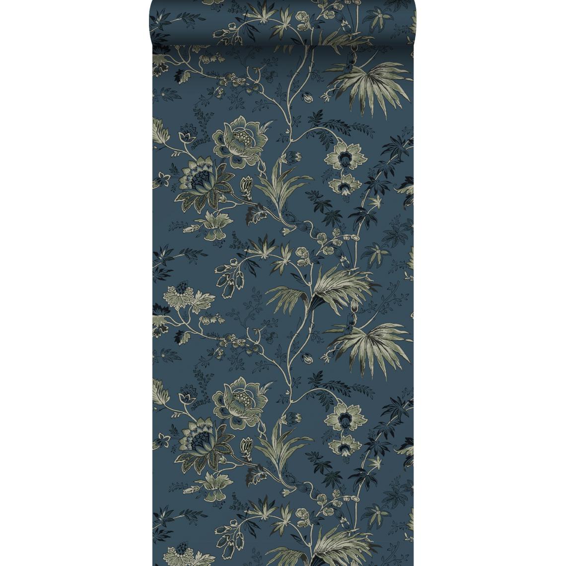 ESTAhome - ESTAhome papier peint fleurs vintage bleu foncé et vert olive grisé - 139315 - 0.53 x 10.05 m - Papier peint