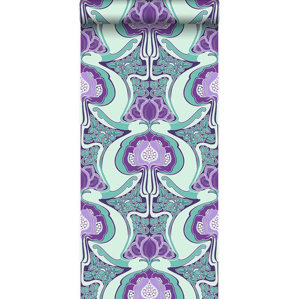 Origin - Origin papier peint motif floral Art Nouveau violet et bleu azur lumière - 347210 - 53 cm x 10,05 m - Papier peint