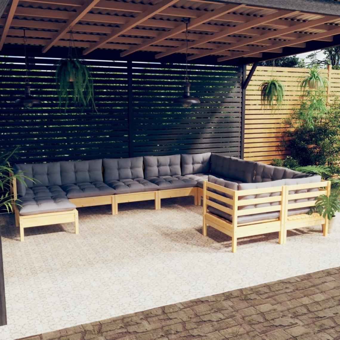 Vidaxl - vidaXL Salon de jardin 10 pcs avec coussins gris Bois de pin - Ensembles canapés et fauteuils