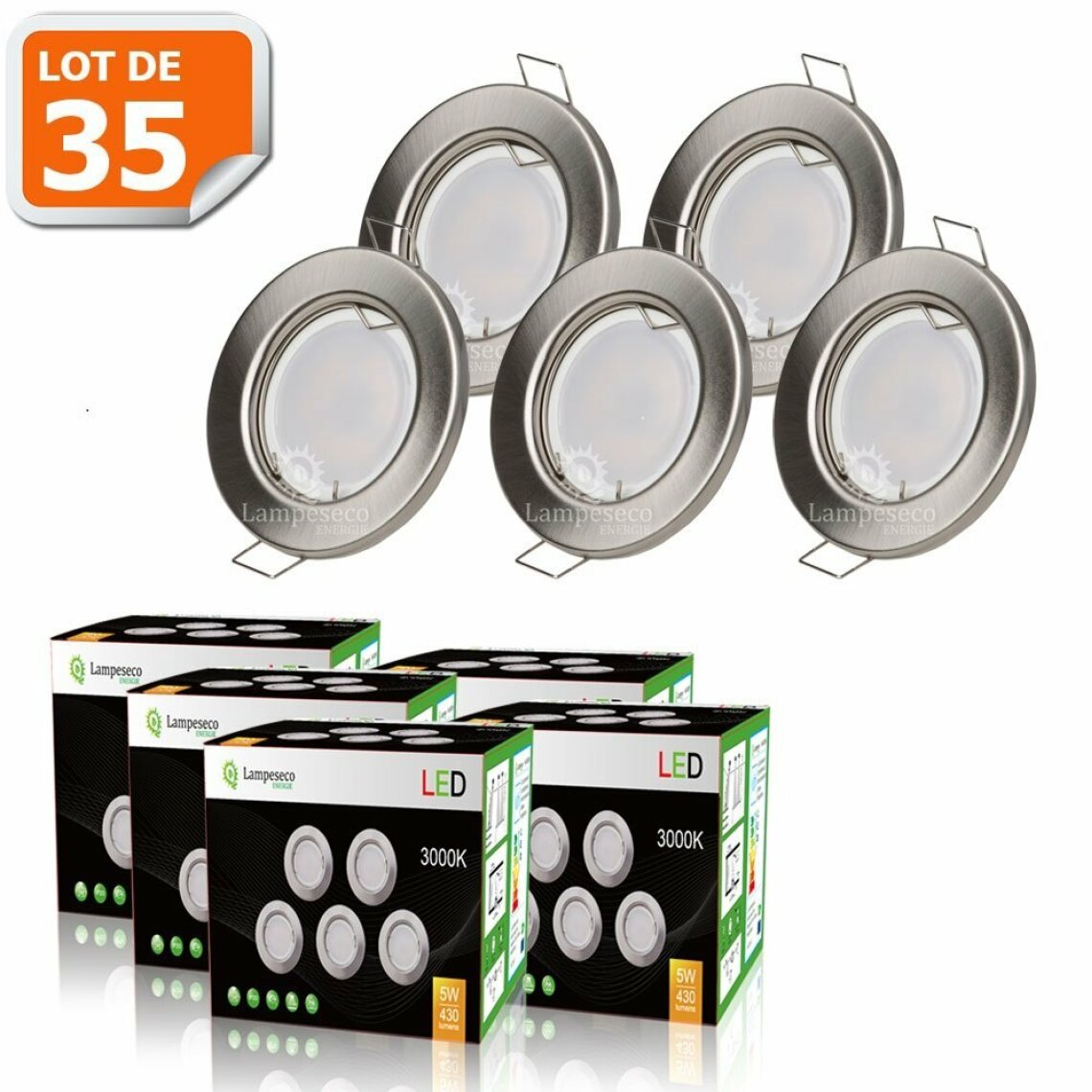 Lampesecoenergie - LOT DE 35 SPOT LED ENCASTRABLE COMPLETE RONDE FIXE ALU BROSSE eq. 50W BLANC CHAUD - Boîtes d'encastrement