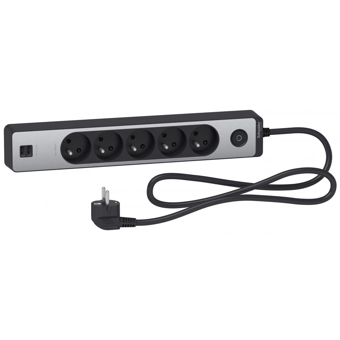 Schneider Electric - Bloc multiprises 5 Prises 2P+T et 2 USB (câble 1,5m) Noir et Aluminium - Schneider - Blocs multiprises