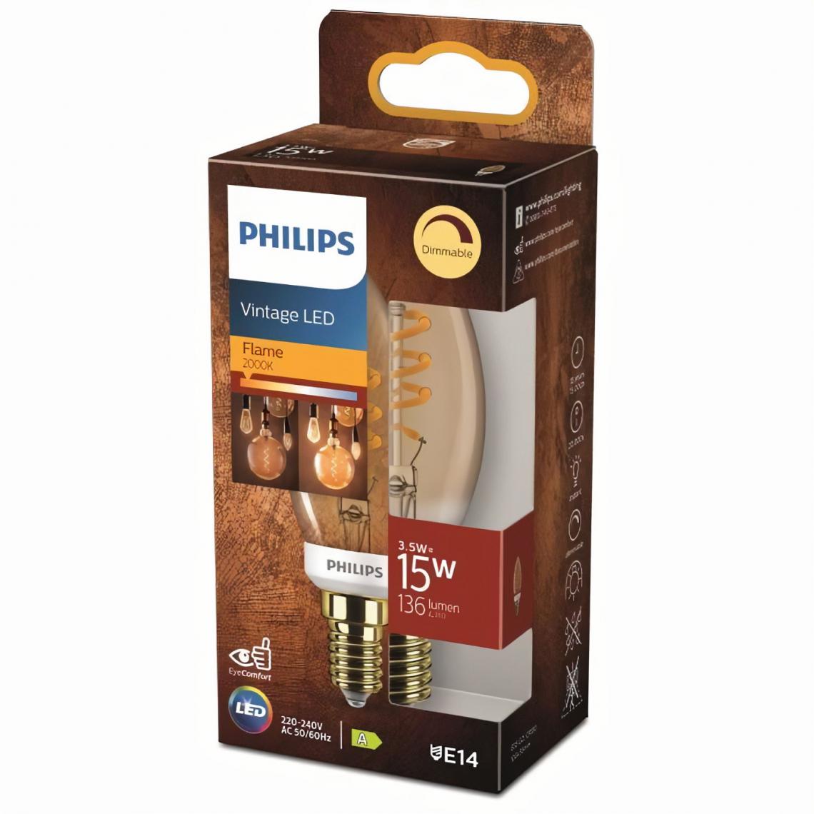 Philips - PHILIPS LED Classic 15W Flamme Vintage Filament Spirale E14 Claire Ambrée Blanc Chaud Compatible Variateur - Ampoules LED