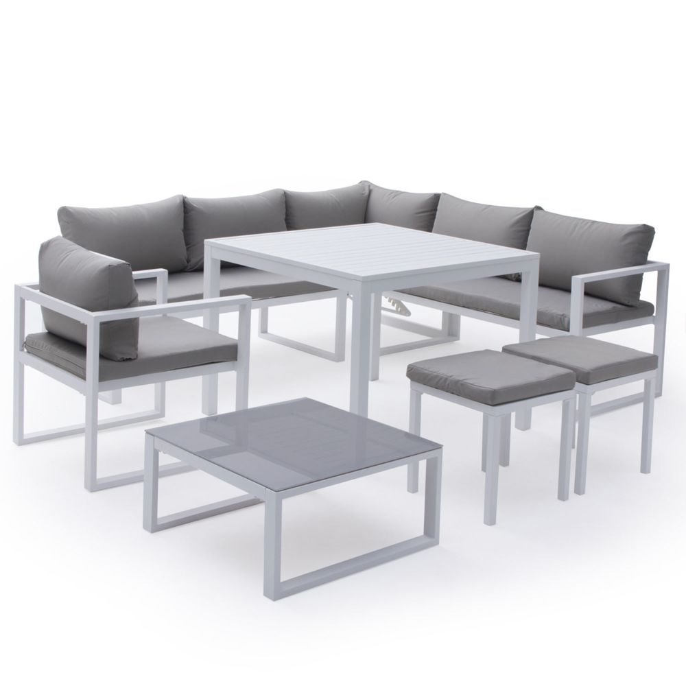 Happy Garden - Salon de jardin modulable IBIZA en tissu gris 7 places - aluminium blanc - Ensembles tables et chaises