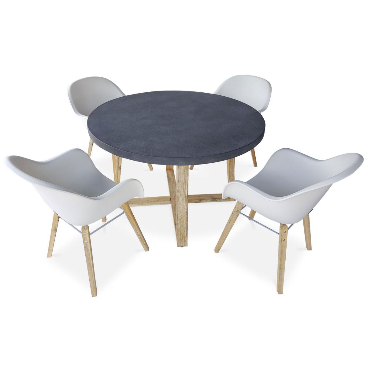 Alice'S Garden - Table de jardin ronde en fibre de ciment Ø120cm Borneo et 4 fauteuils scandinaves Célèbes blancs - Ensembles canapés et fauteuils