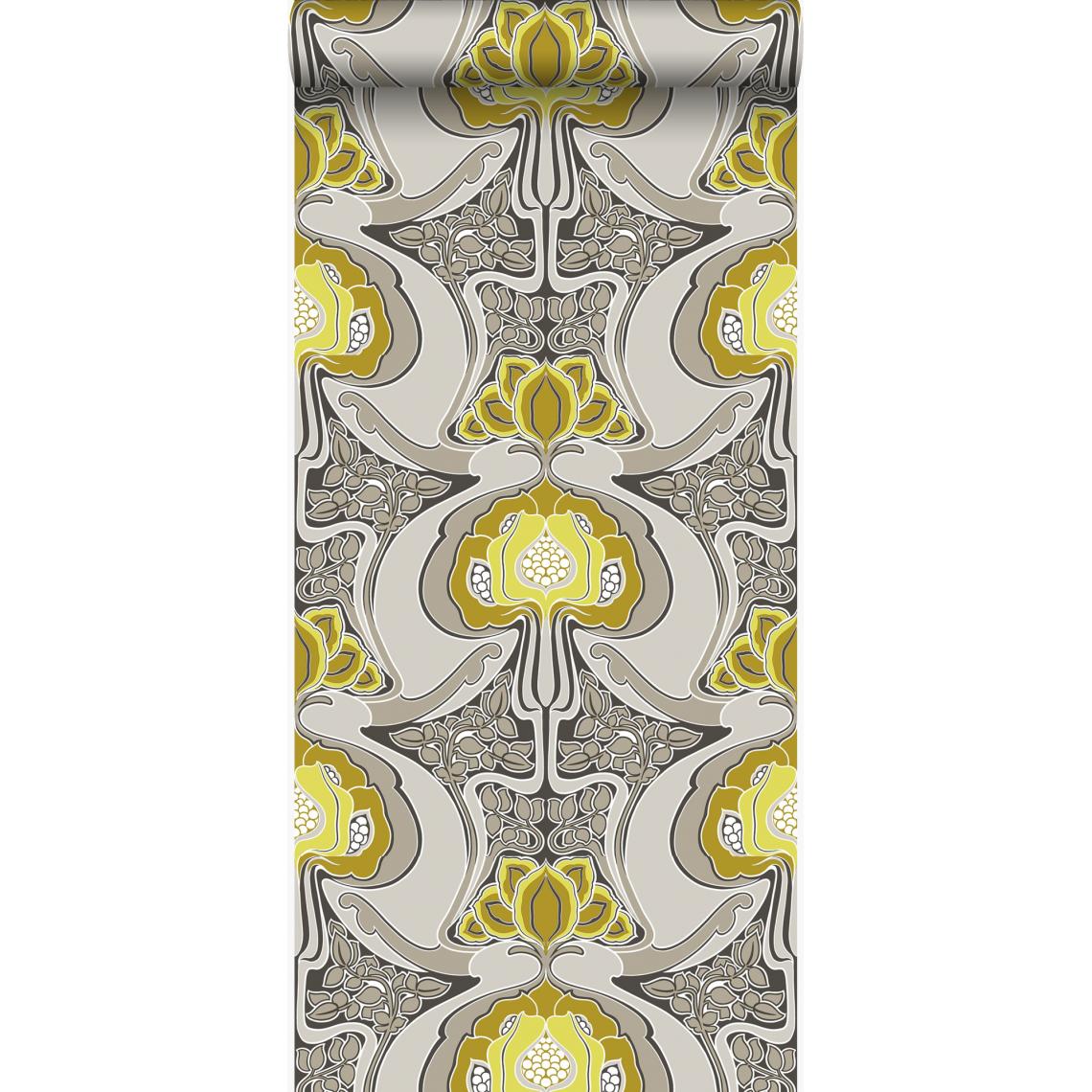 Origin - Origin papier peint motif floral Art Nouveau jaune ocre et gris - 347206 - 53 cm x 10,05 m - Papier peint