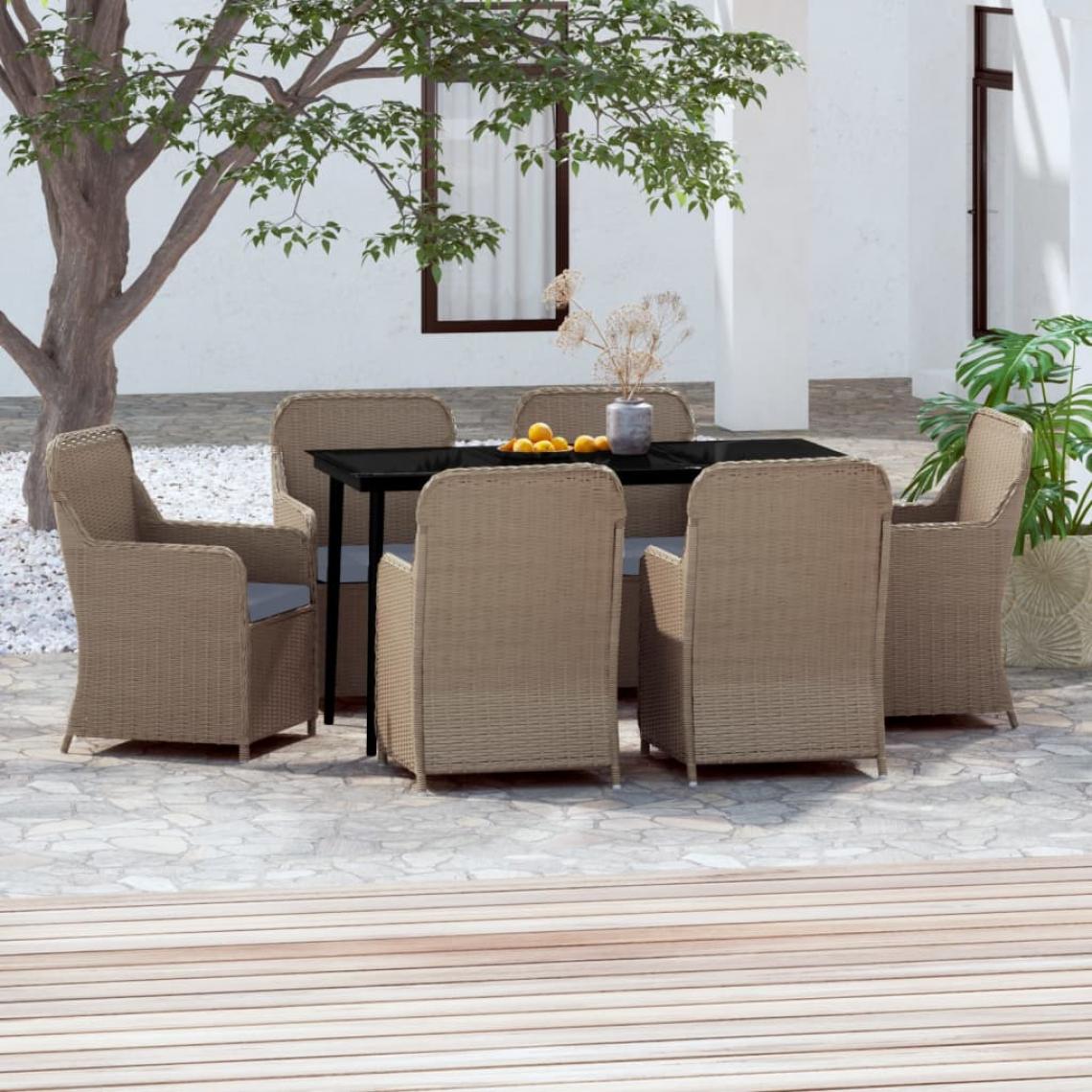 Vidaxl - vidaXL Ensemble de salle à manger de jardin avec coussins 7 pcs Marron - Ensembles canapés et fauteuils