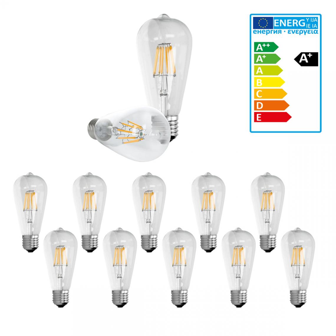 Ecd Germany - ECD Germany 10 x LED Filament de l'ampoule E27 Classique Edison 8W 816 lumens angle de faisceau 120 ° AC 220-240 reste caché et remplace 45W Ampoule de Lampe incandescent Blanc Chaud - Ampoules LED