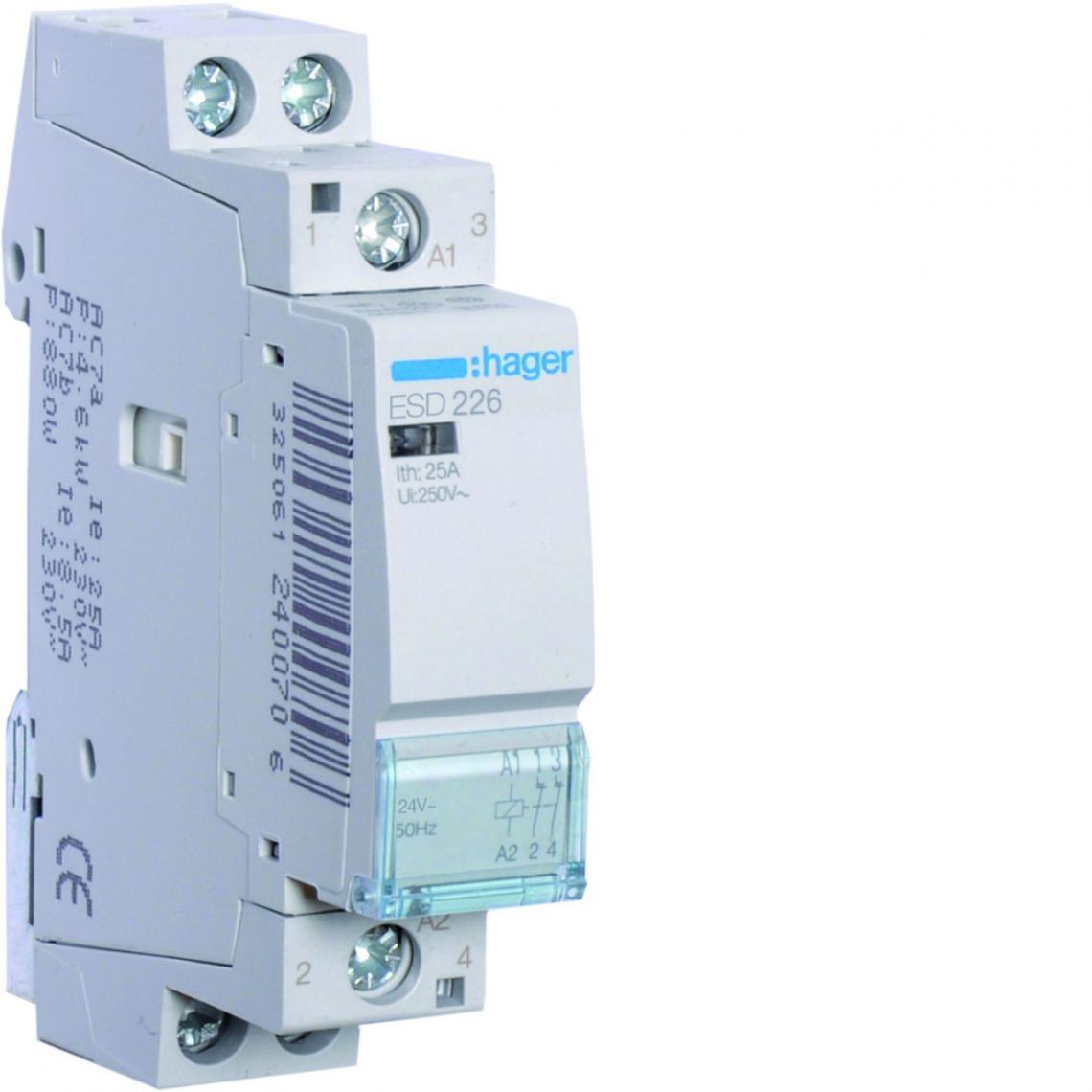 Hager - contacteur modulaire - 25a - 2 contacts no - 24v - hager esd226 - Télérupteurs, minuteries et horloges