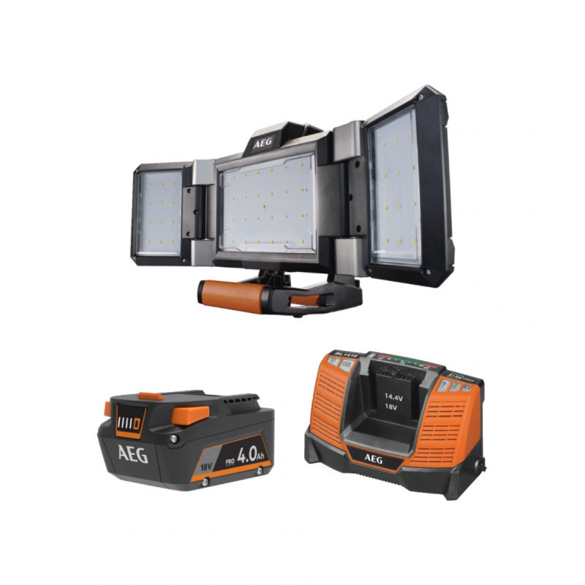 AEG - Pack AEG 18V - Projecteur LED triple panneaux 2500 lumens - Batterie 4.0 Ah - Chargeur - Projecteur de chantier