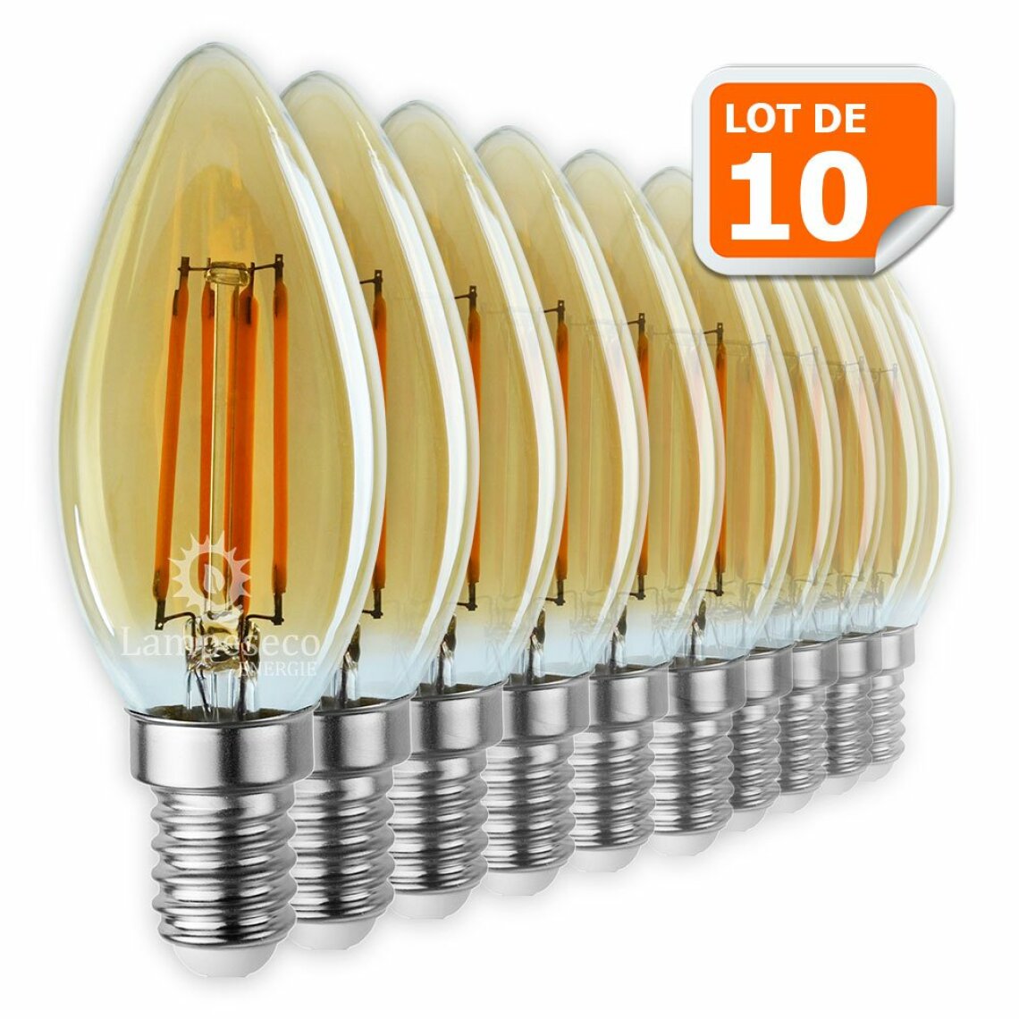 Lampesecoenergie - Lot de 10 Ampoules Led Flamme Filament Doré 4 watt (éq. 42 Watt) Culot E14 - Ampoules LED