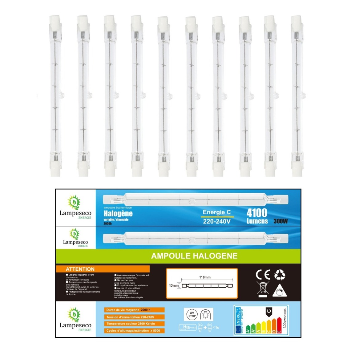 Lampesecoenergie - Lot de 10 Ampoule halogène linéaire J118 300w R7s gradable lumière chaude 2800K - Ampoules LED