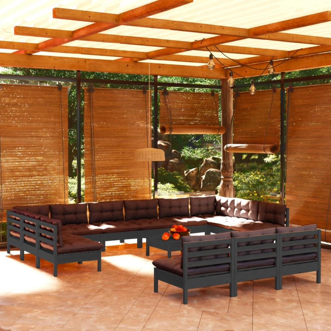 Vidaxl - vidaXL Salon de jardin 14 pcs avec coussins Noir Bois de pin massif - Ensembles canapés et fauteuils