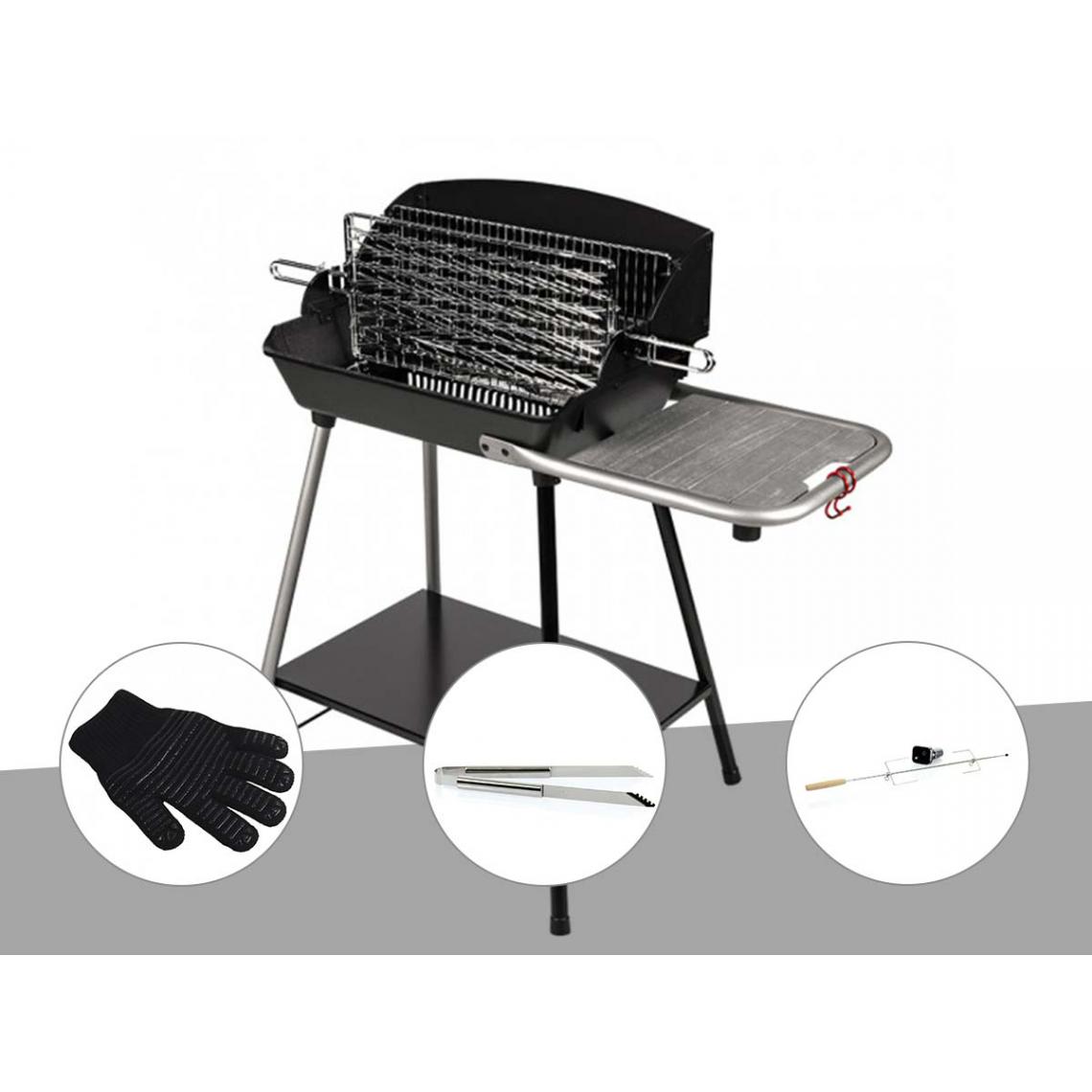 Somagic - Barbecue vertical Raymond Somagic + Kit tournebroche + Pince inox + Gant de protection - Barbecues charbon de bois