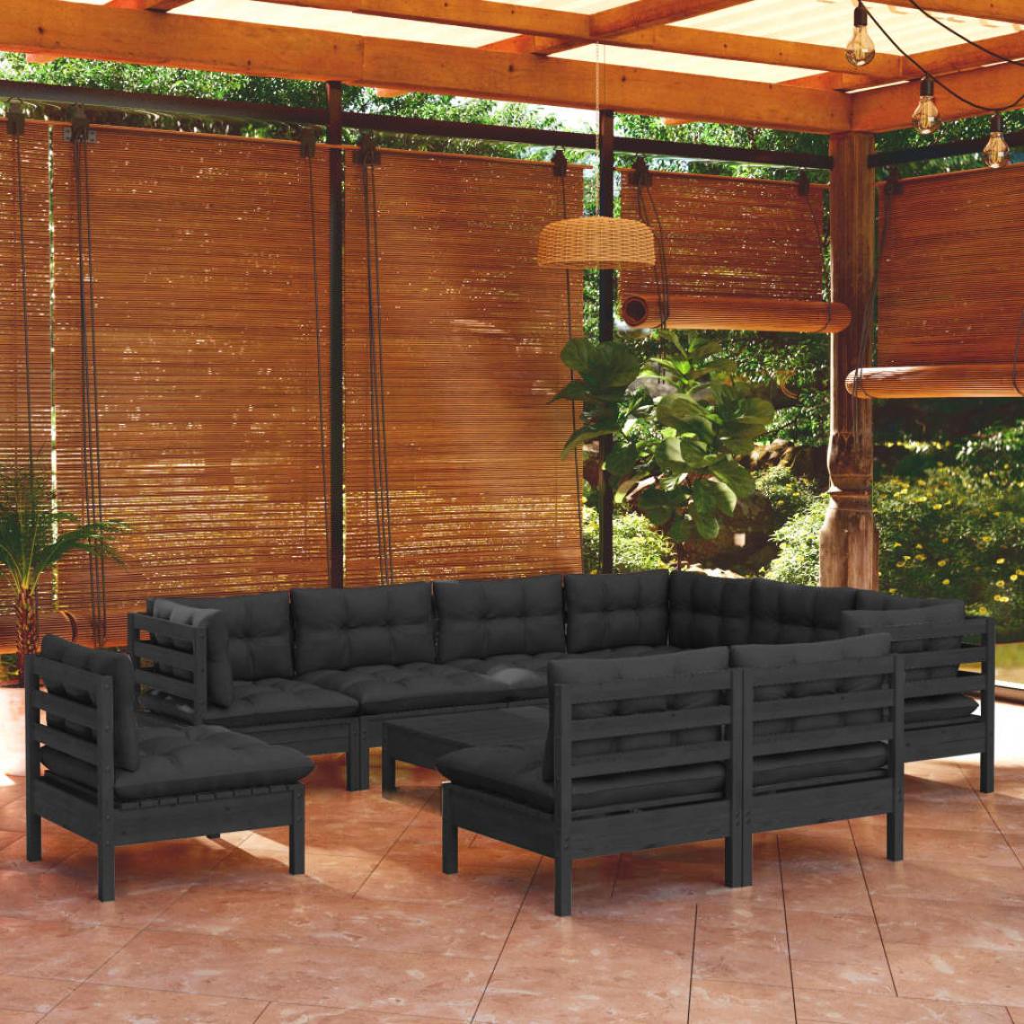 Vidaxl - vidaXL Salon de jardin 10 pcs avec coussins Noir Bois de pin solide - Ensembles canapés et fauteuils