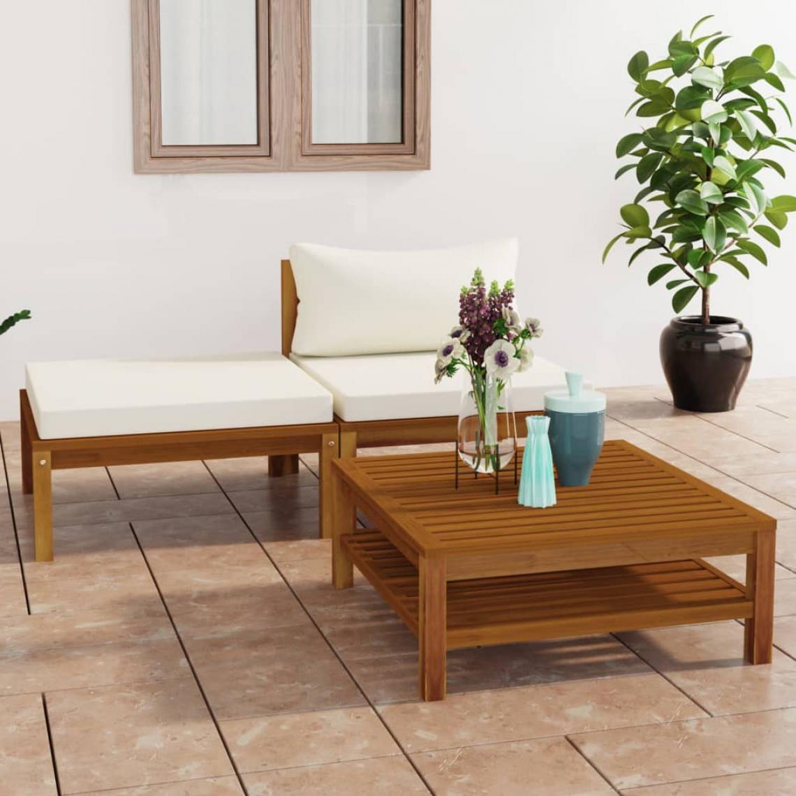 Vidaxl - vidaXL Salon de jardin 3 pcs avec coussins blanc crème Bois d'acacia - Ensembles canapés et fauteuils