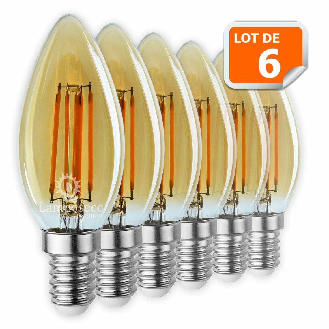 Lampesecoenergie - Lot de 6 Ampoules Led Flamme Filament Doré 4 watt (éq. 42 Watt) Culot E14 - Ampoules LED
