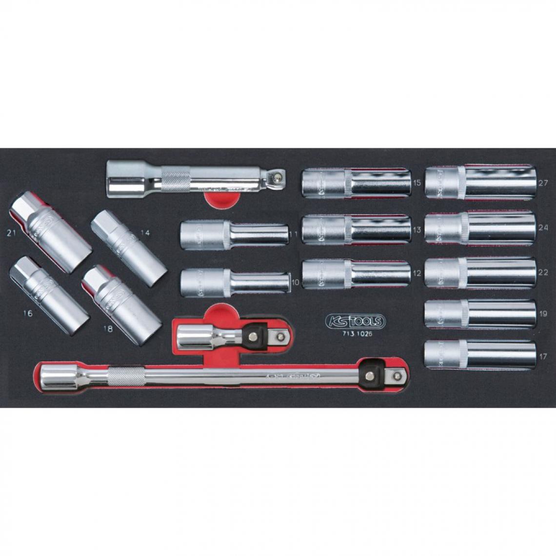 Ks Tools - KS TOOLS 713.1026 Module de douilles longues et accessoires 1/2'', 17 pièces - Casiers de rangement