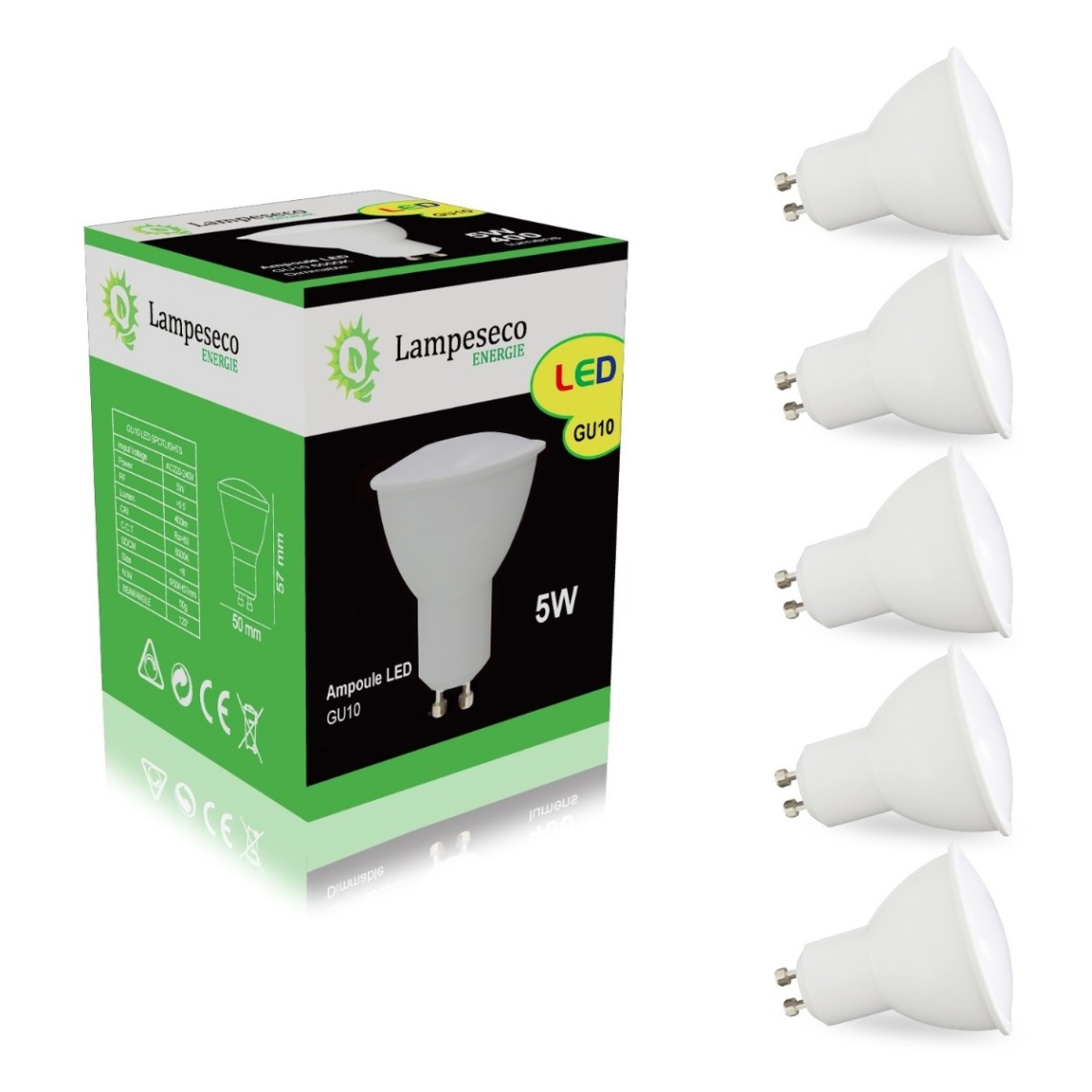Lampesecoenergie - Pack de 5 Ampoules Led GU10 5W Blanc Chaud 3000K eq. 50W Halogène 120° - Ampoules LED