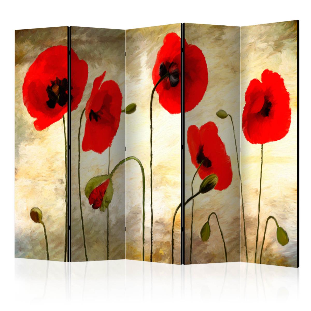 Bimago - Paravent 5 volets - Golden Field of Poppies II [Room Dividers] - Décoration, image, art | 225x172 cm | XL - Grand Format | - Cloisons