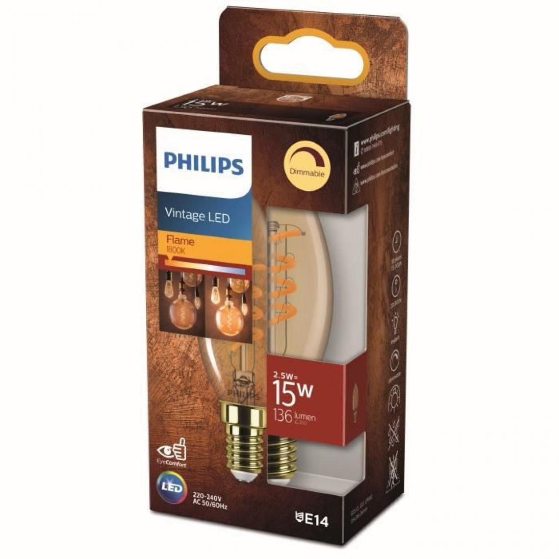Philips - PHILIPS Ampoule LED Flamme E14 - 15W Blanc Chaud Ambré - Compatible Variateur - Verre - Ampoules LED