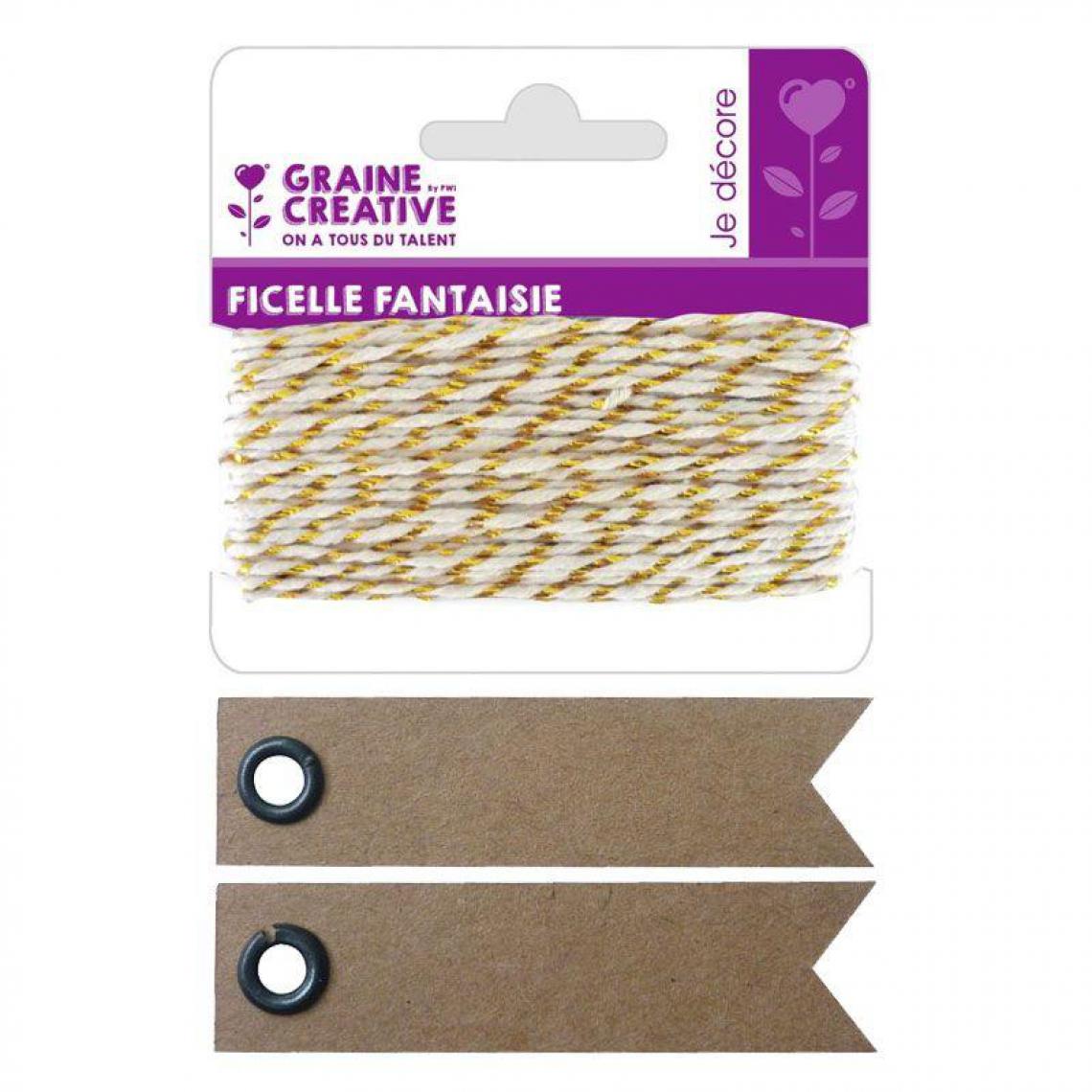 Graines Creatives - Ficelle blanche-dorée 10 m + 20 étiquettes kraft Fanion - Ficelle