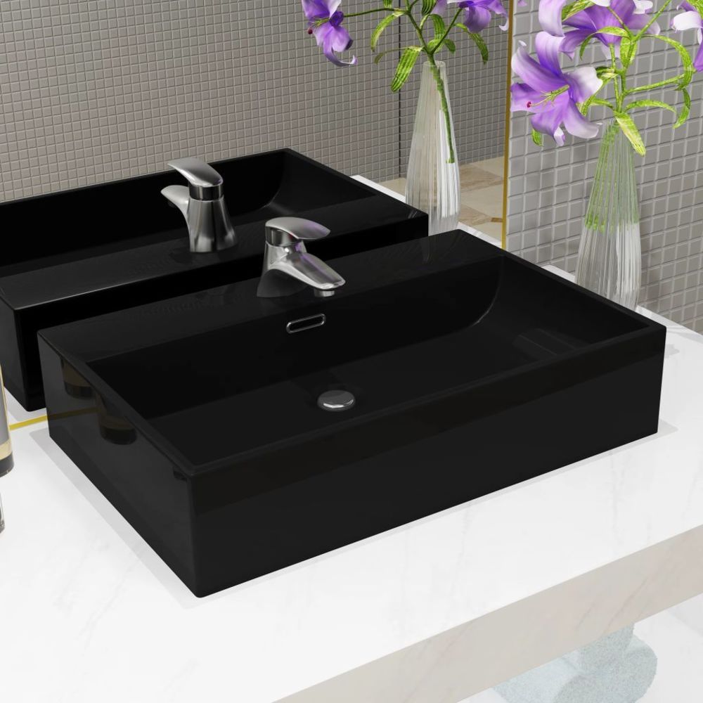 marque generique - Distingué Éviers et lavabos ligne Budapest Vasque avec trou de robinet en céramique Noir 60,5x42,5x14,5 cm - Lavabo