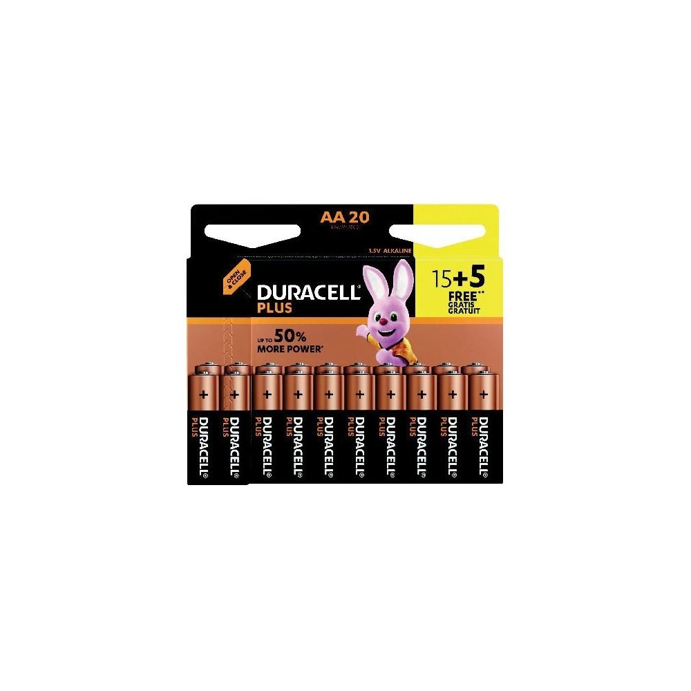 Duracell - Lot de 15 piles alcalines + 5 offertes Plus Power, 1.5V, AA - Piles rechargeables