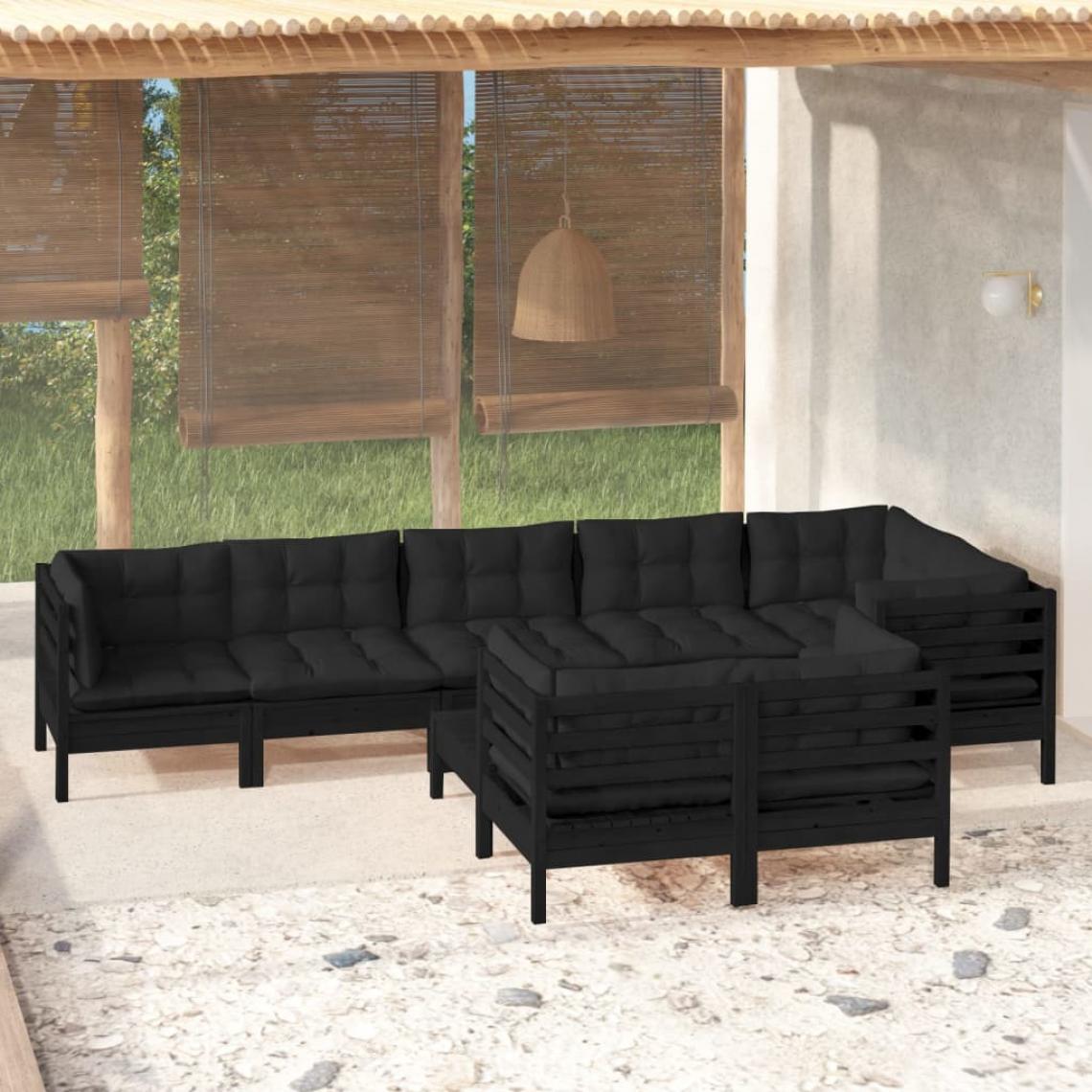 Vidaxl - vidaXL Salon de jardin 9 pcs avec coussins Noir Bois de pin massif - Ensembles canapés et fauteuils