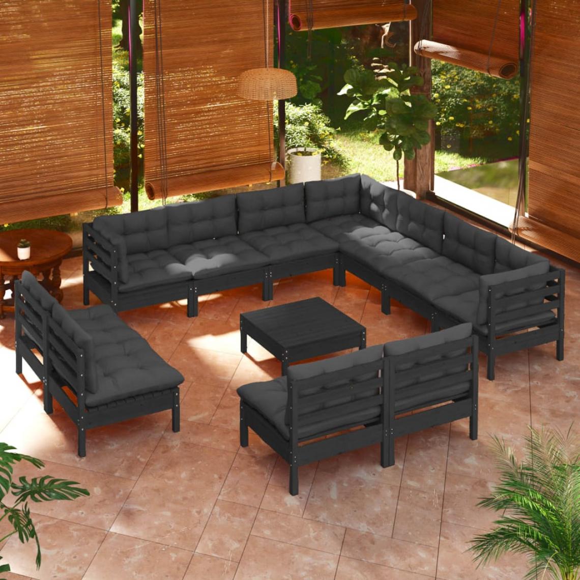 Vidaxl - vidaXL Salon de jardin 12 pcs avec coussins Noir Bois de pin solide - Ensembles canapés et fauteuils