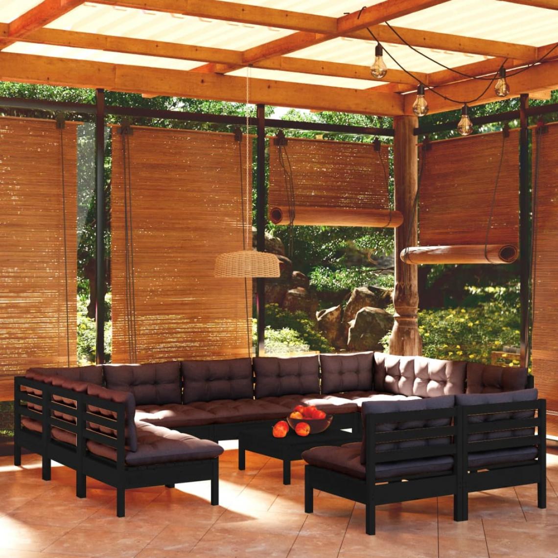 Vidaxl - vidaXL Salon de jardin 12 pcs avec coussins Noir Bois de pin massif - Ensembles canapés et fauteuils
