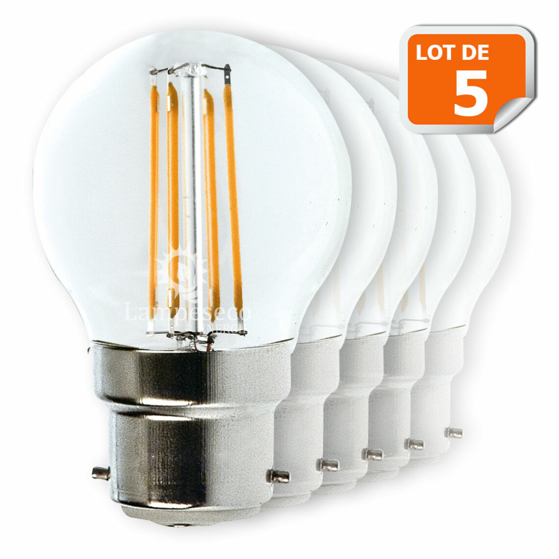 Lampesecoenergie - Lot de 5 Ampoules Led Filament Culot B22 forme G45 4 Watt (éq 42 watts) Blanc Chaud - Ampoules LED