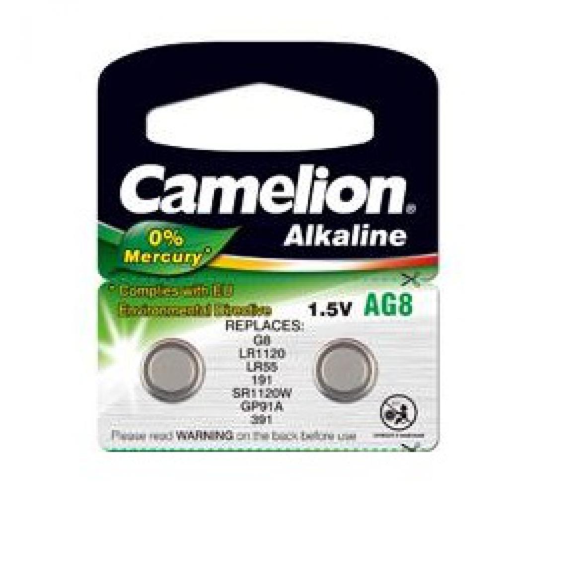 Camelion - Pack de 2 piles Camelion Alcaline AG8,LR1120,LR55,191,SR1120W,GP91A,391 0% Mercury/Hg - Piles rechargeables