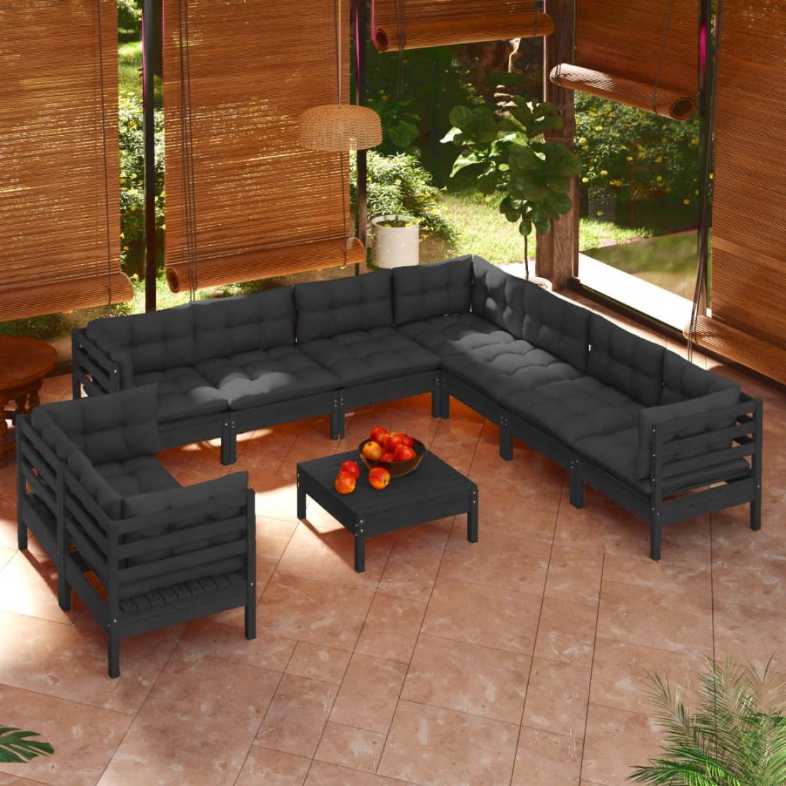 Vidaxl - vidaXL Salon de jardin 10 pcs avec coussins Noir Bois de pin massif - Ensembles canapés et fauteuils